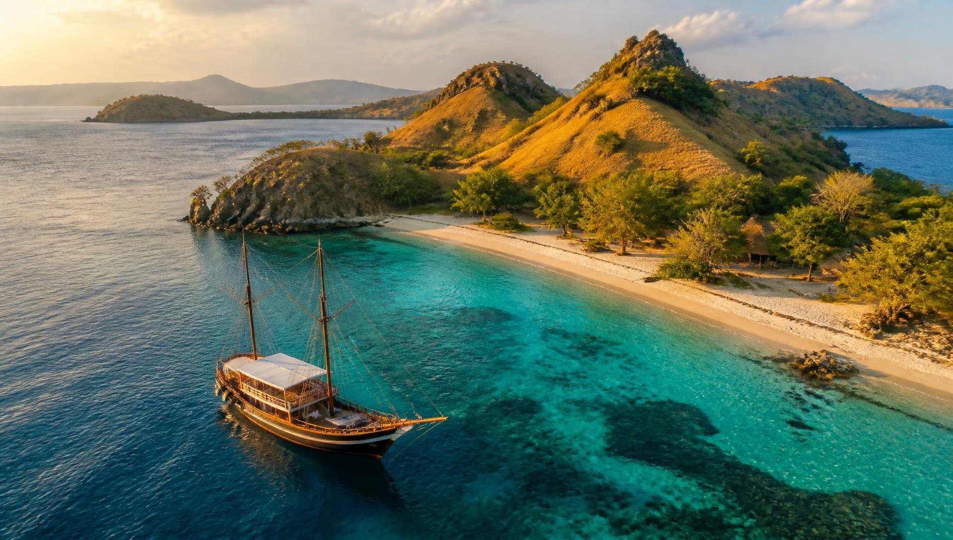 Kapal phinisi berlabuh di pantai pulau tropis Indonesia saat senja